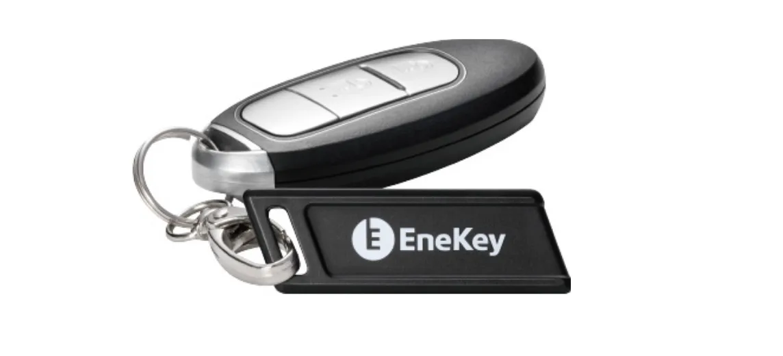 EneKeyロゴ入りの黒いキーホルダーが付いた車のキーフォブ。
