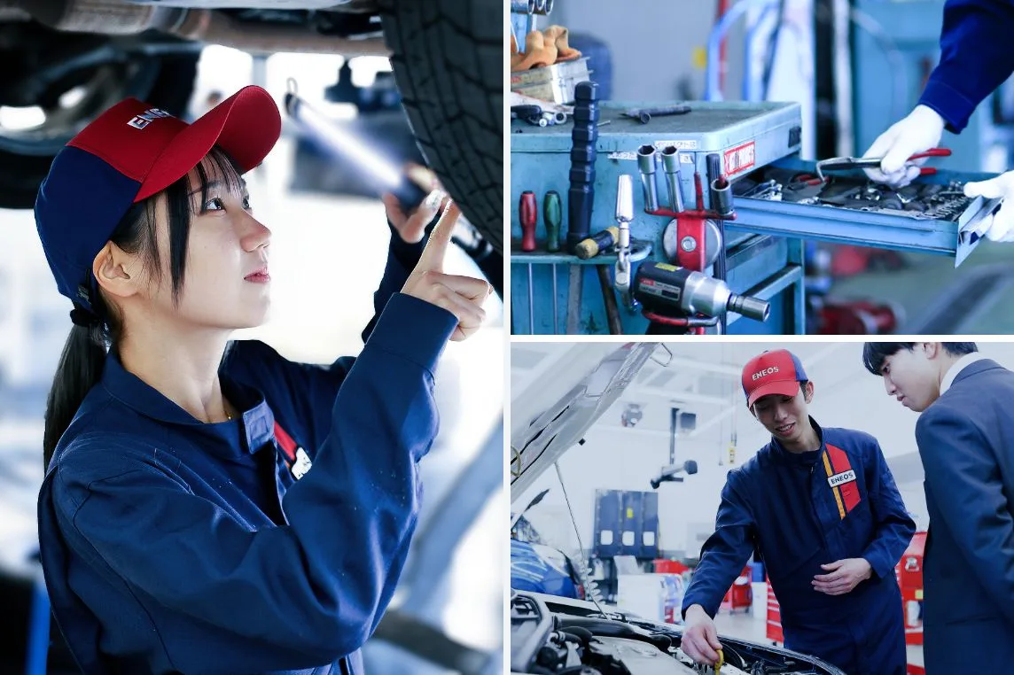 車の点検を行うスタッフの写真